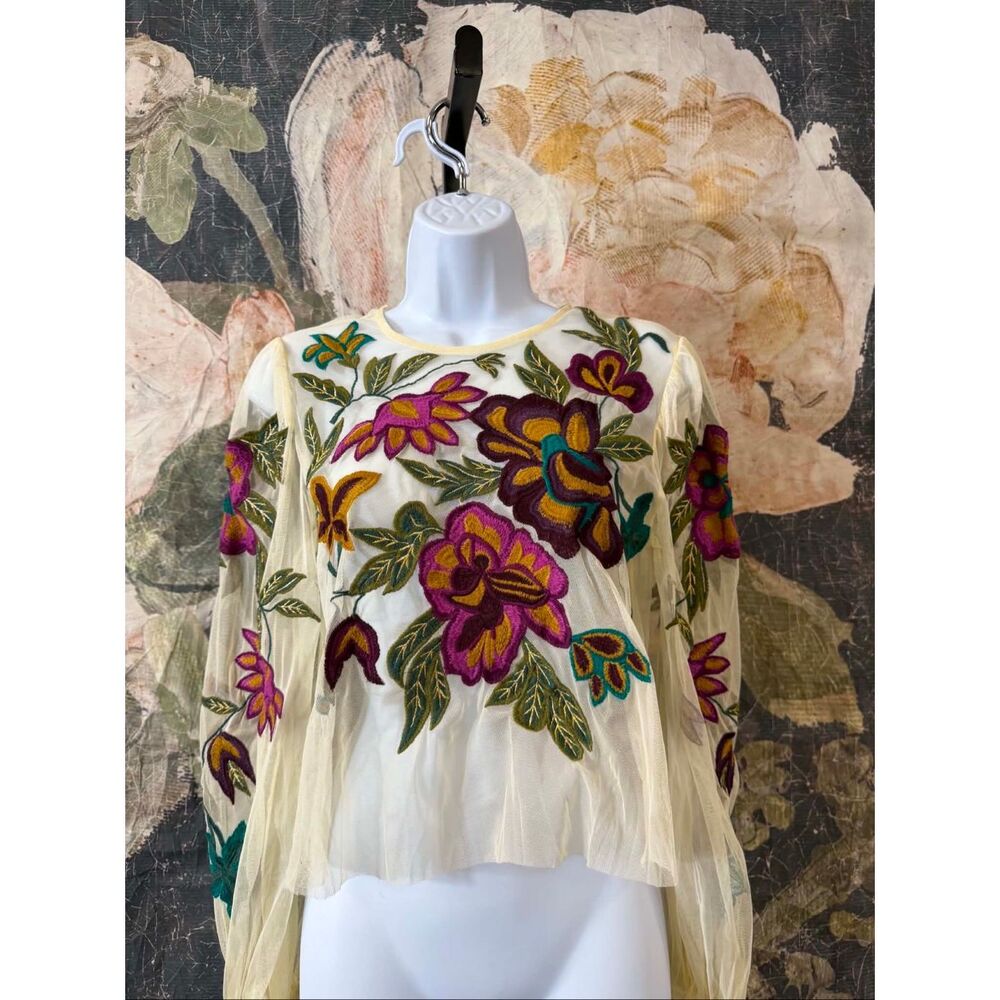 Anthropologie The Layla Long-Sleeve Appliqué Mesh Blouse Size S - Picture 5 of 9